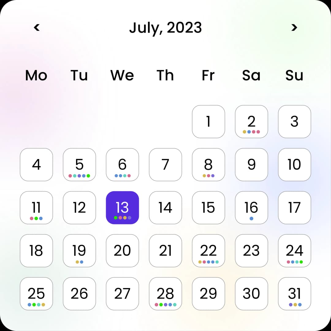 Calendar showing days with coloured tag dots for Work, Shop, Gym and more